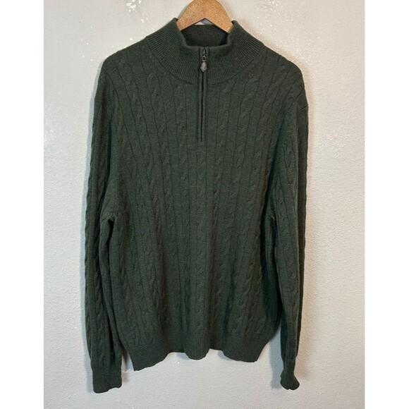 Brooks Brothers Mens XL Italian Lambswool 1/4 Zip Sweater Green Cable Knit - Picture 2 of 6